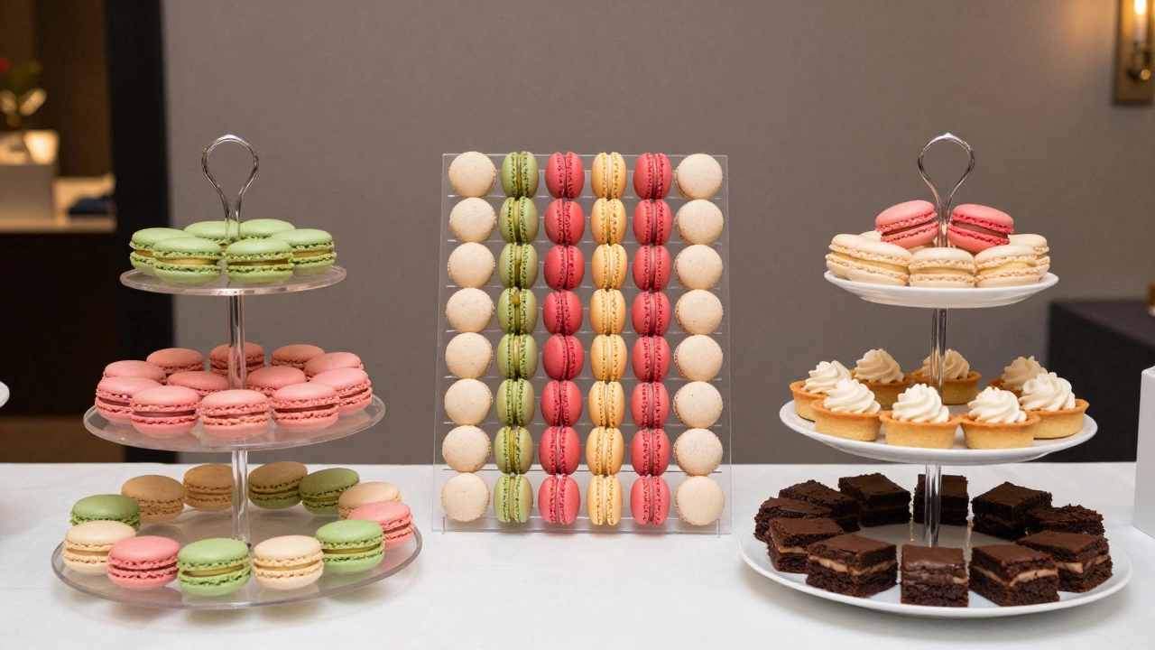 Comparison of a macaron tower, a macaron wall, and a mixed dessert platter