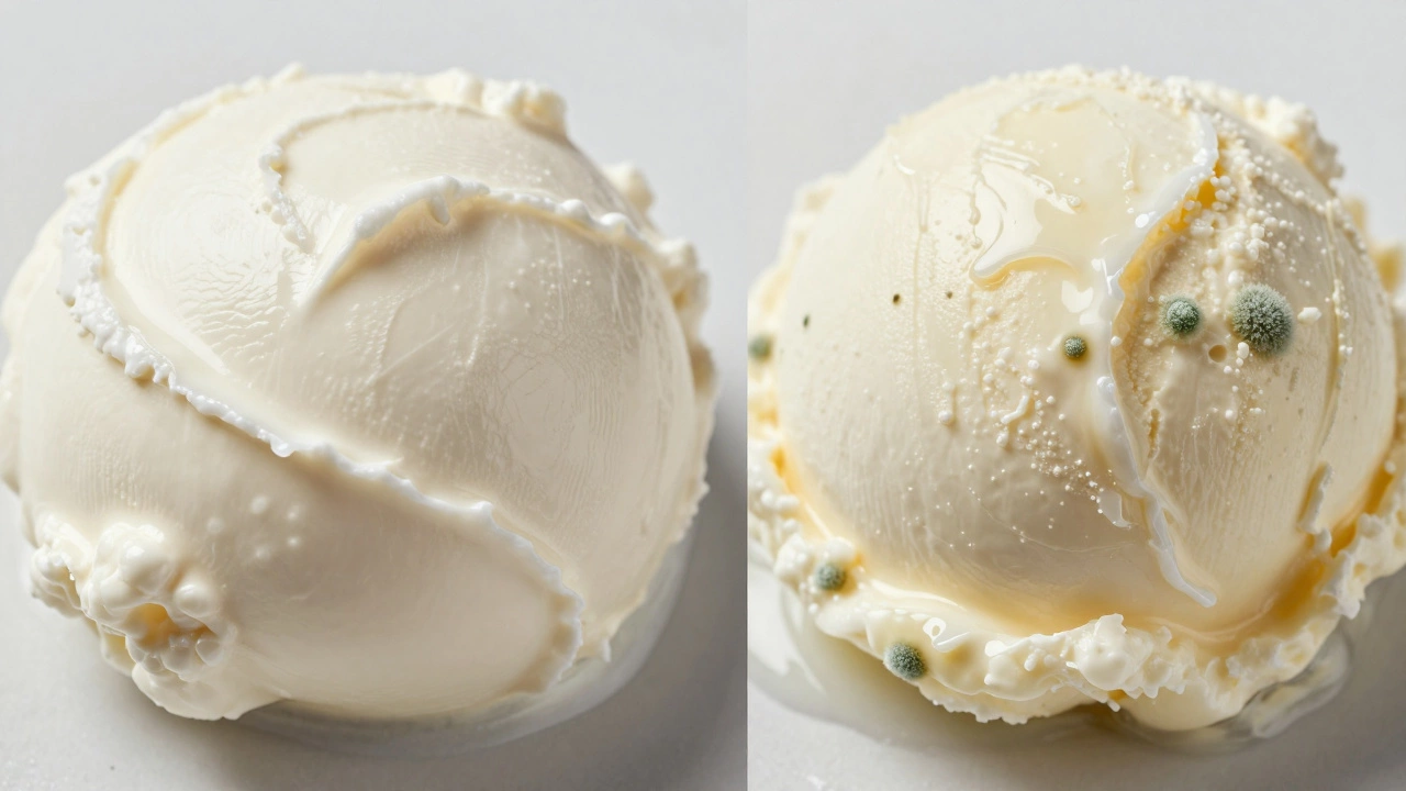 Comparison of fresh white mascarpone cheese and spoiled yellowish cheese with mold.