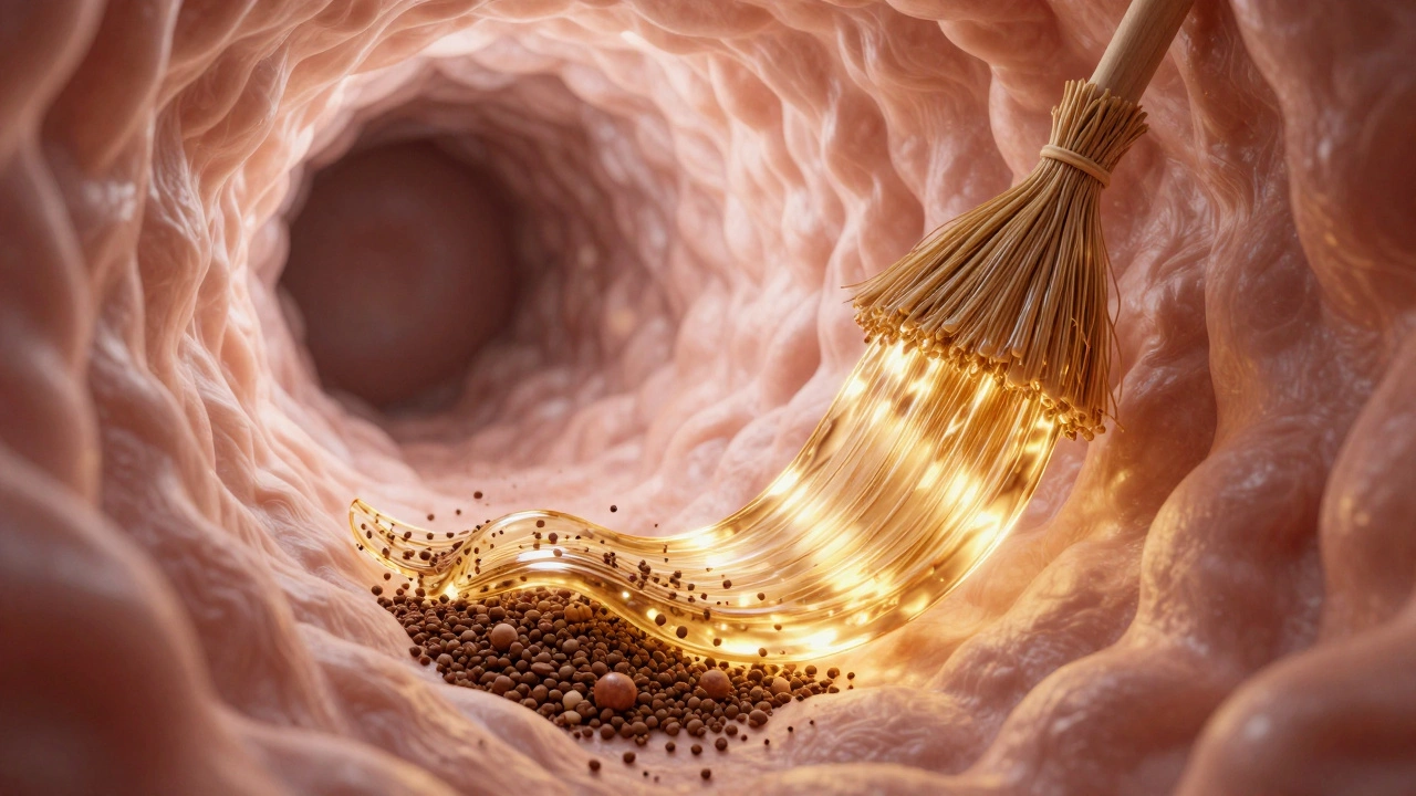 Conceptual 3D illustration of fiber clearing particles from the intestinal tract