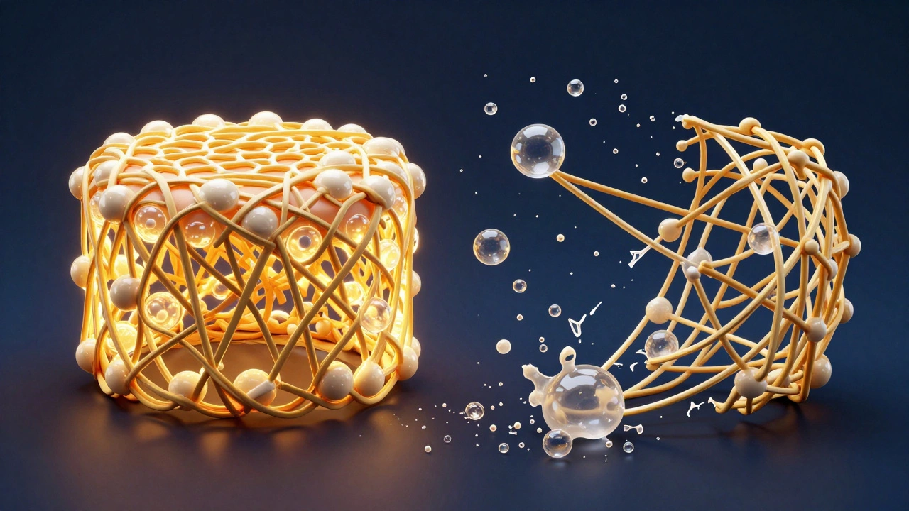 Conceptual 3D visualization of gluten protein webs versus a collapsing GF structure.