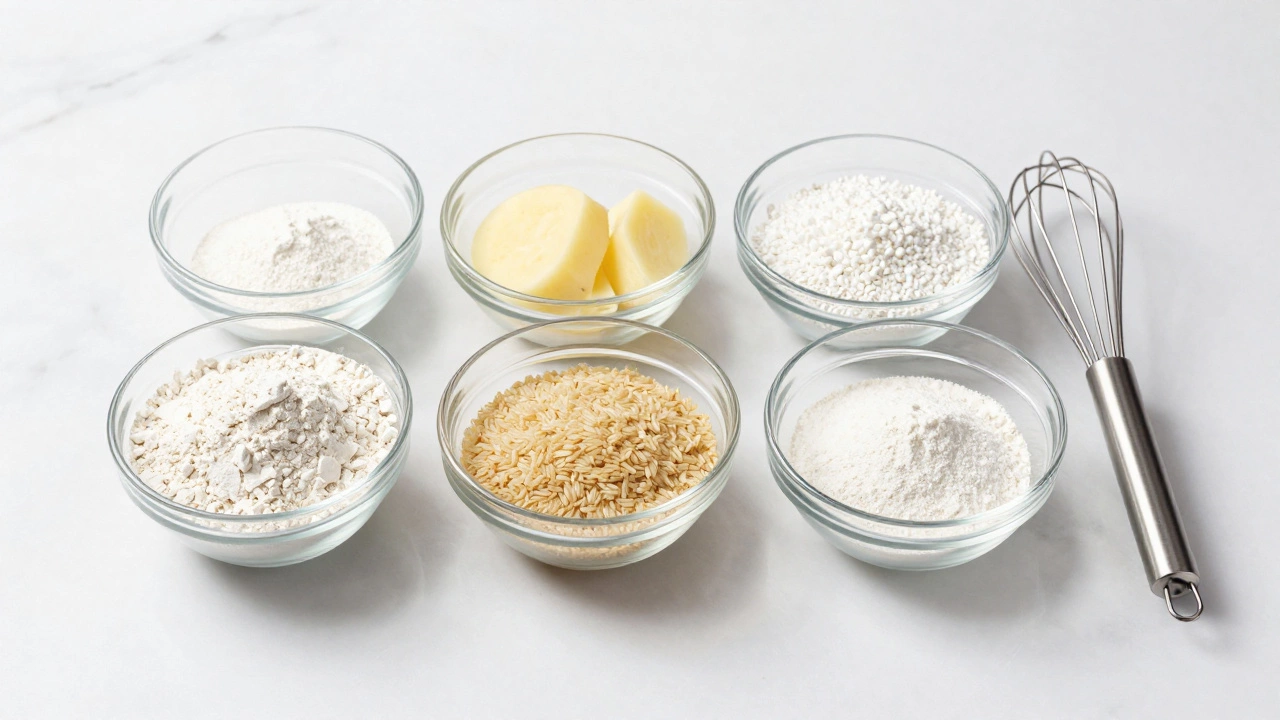 Four glass bowls containing different gluten-free flours and starches