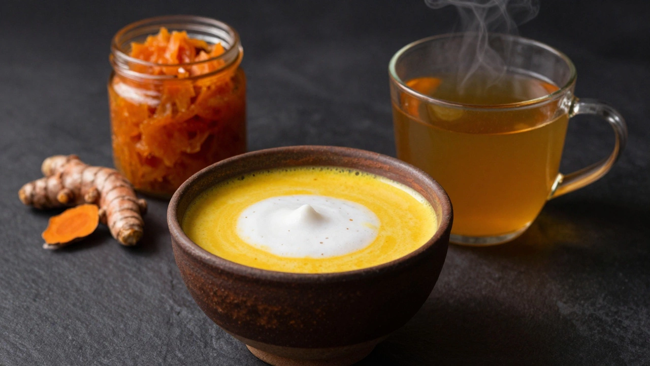 Golden turmeric latte, bone broth, and sauerkraut on a dark slate surface