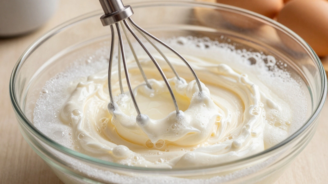 Hand mixer whisking eggs and sugar into a fluffy, glossy meringue foam in a glass bowl