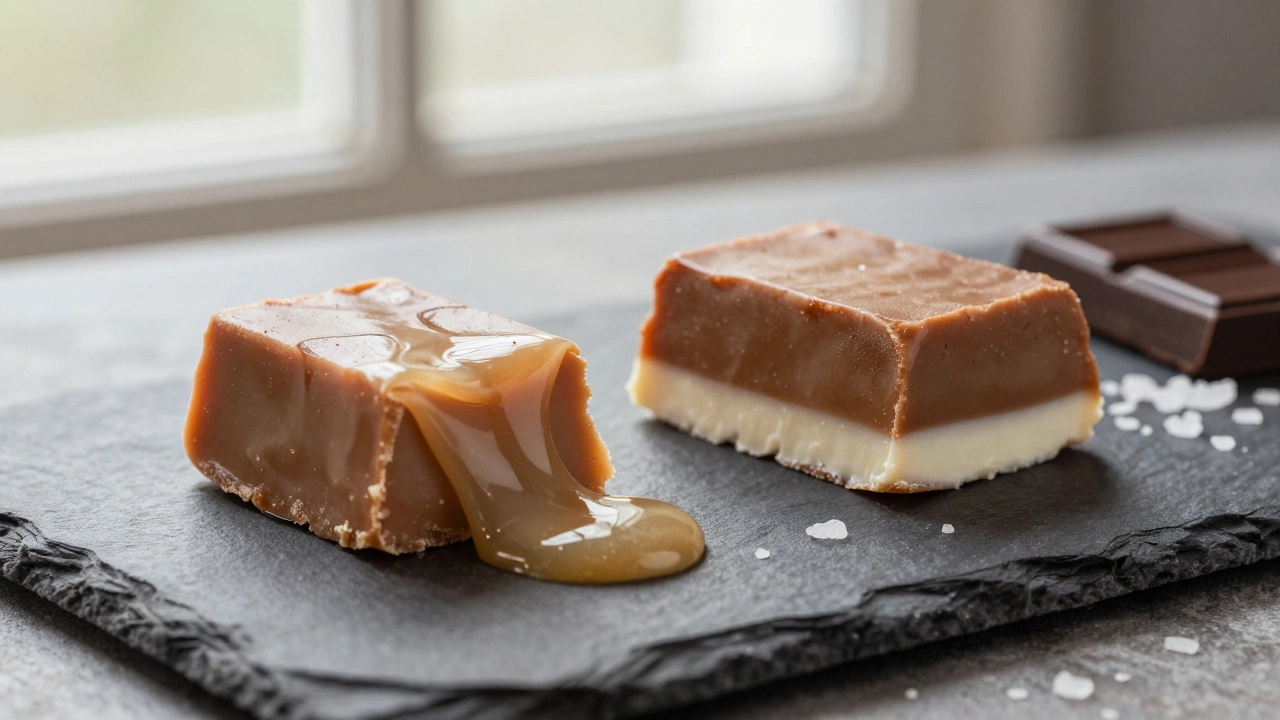 Two different textures of fudge compared on a slate platter with sea salt.