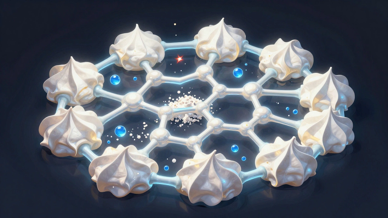 Abstract illustration of protein networks stabilizing meringue