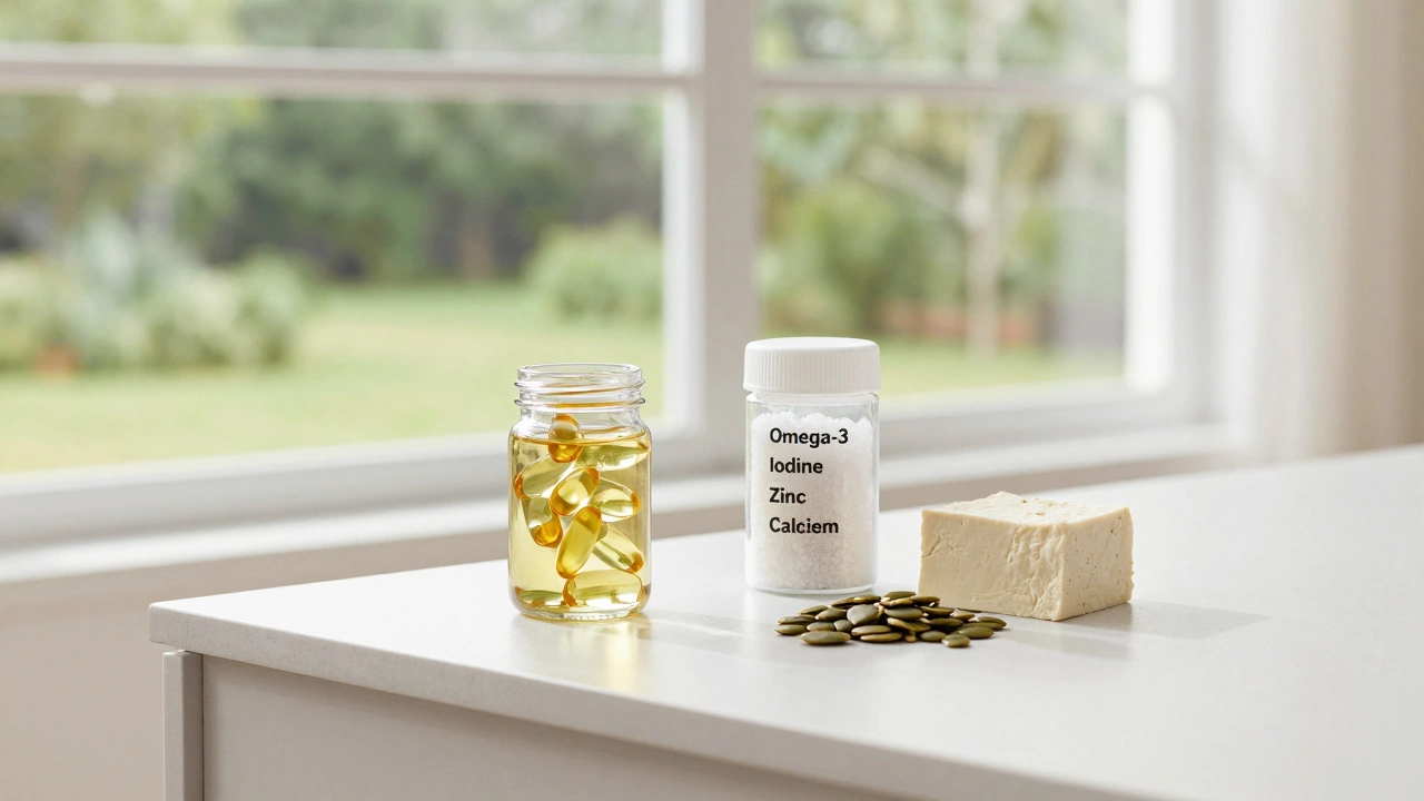 Algae oil, iodized salt, and seeds on a kitchen counter.