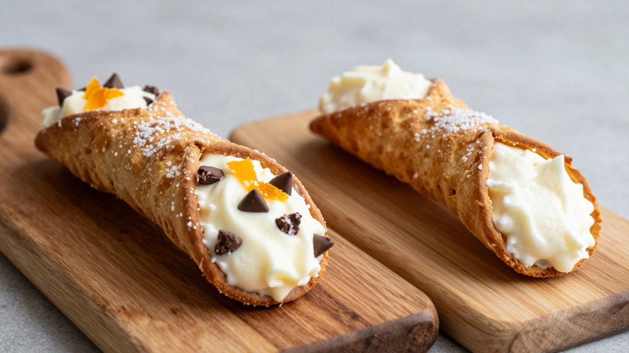 Comparison of thick Palermo and thin Catania style cannoli on wooden boards