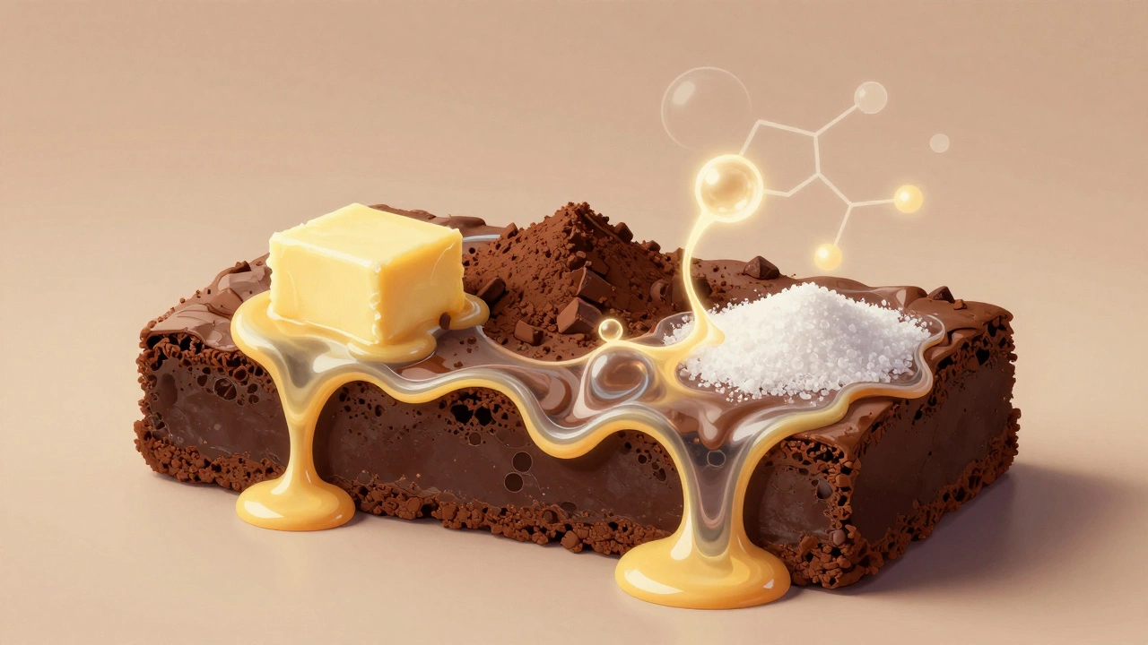Conceptual art of brownie ingredients merging chemically
