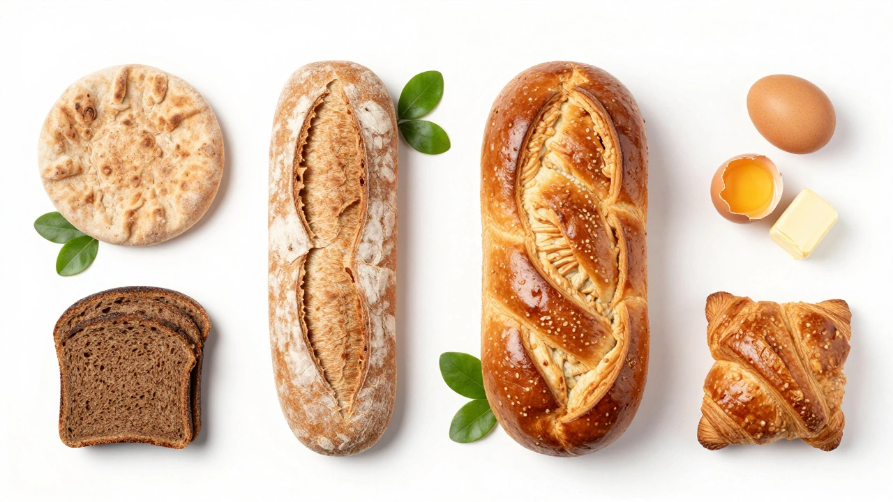 Flat lay comparing vegan breads like pita and rye with non-vegan options like brioche and croissants.