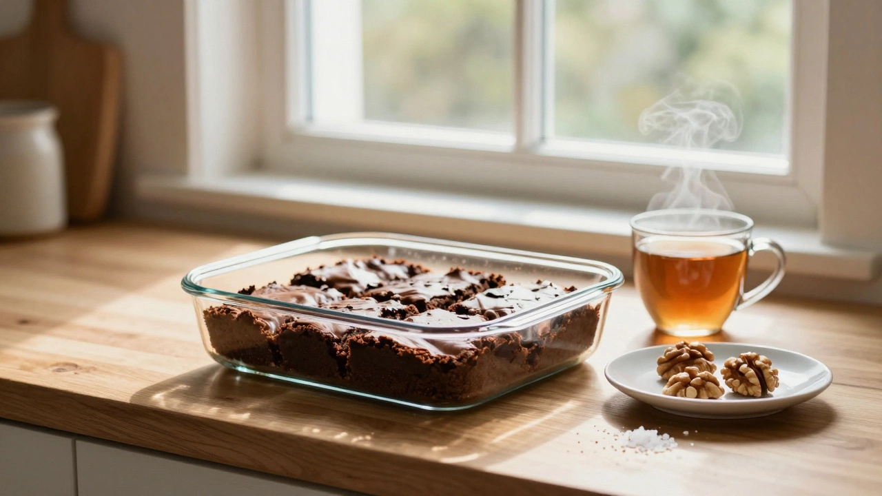 Fresh brownies on a kitchen counter with tea and toppings