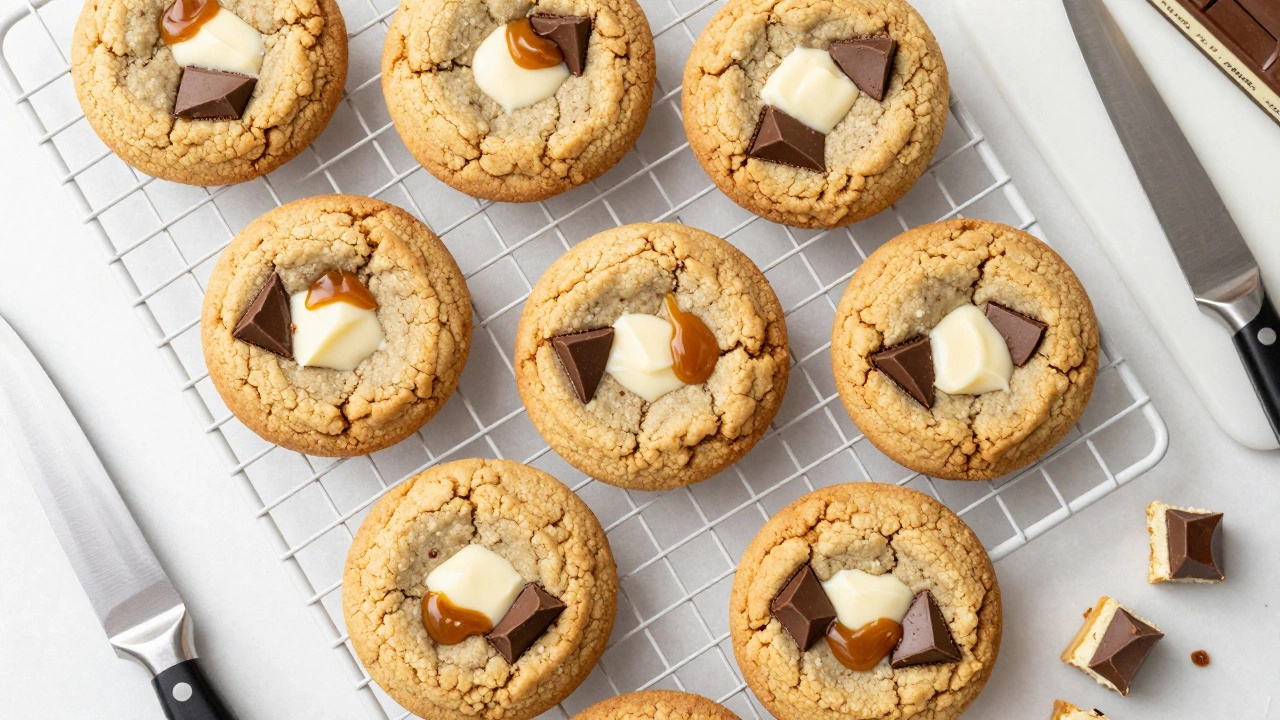Golden Milky Way cookies on a wire rack with chopped candy chunks.