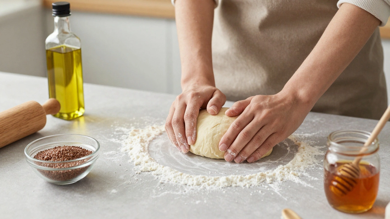 Hands kneading dough with plant-based substitutes like flax eggs and olive oil on a kitchen counter.