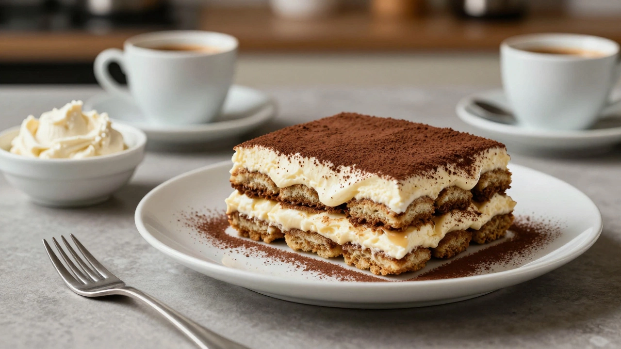 Layered tiramisu dessert with mascarpone cheese and cocoa powder