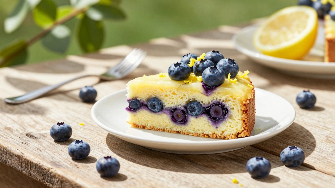 Lemon blueberry cake slice on a wooden table in natural sunlight