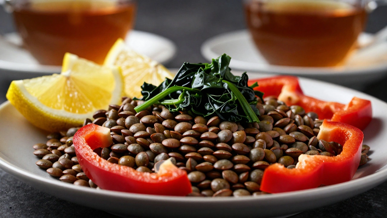 Lentil salad with lemon and peppers to boost iron absorption.