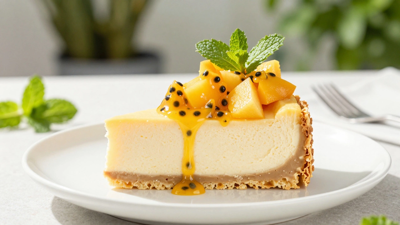 Light California cheesecake topped with fresh tropical fruits