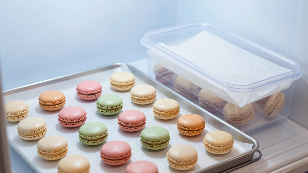 Macarons being prepared for freezing in containers