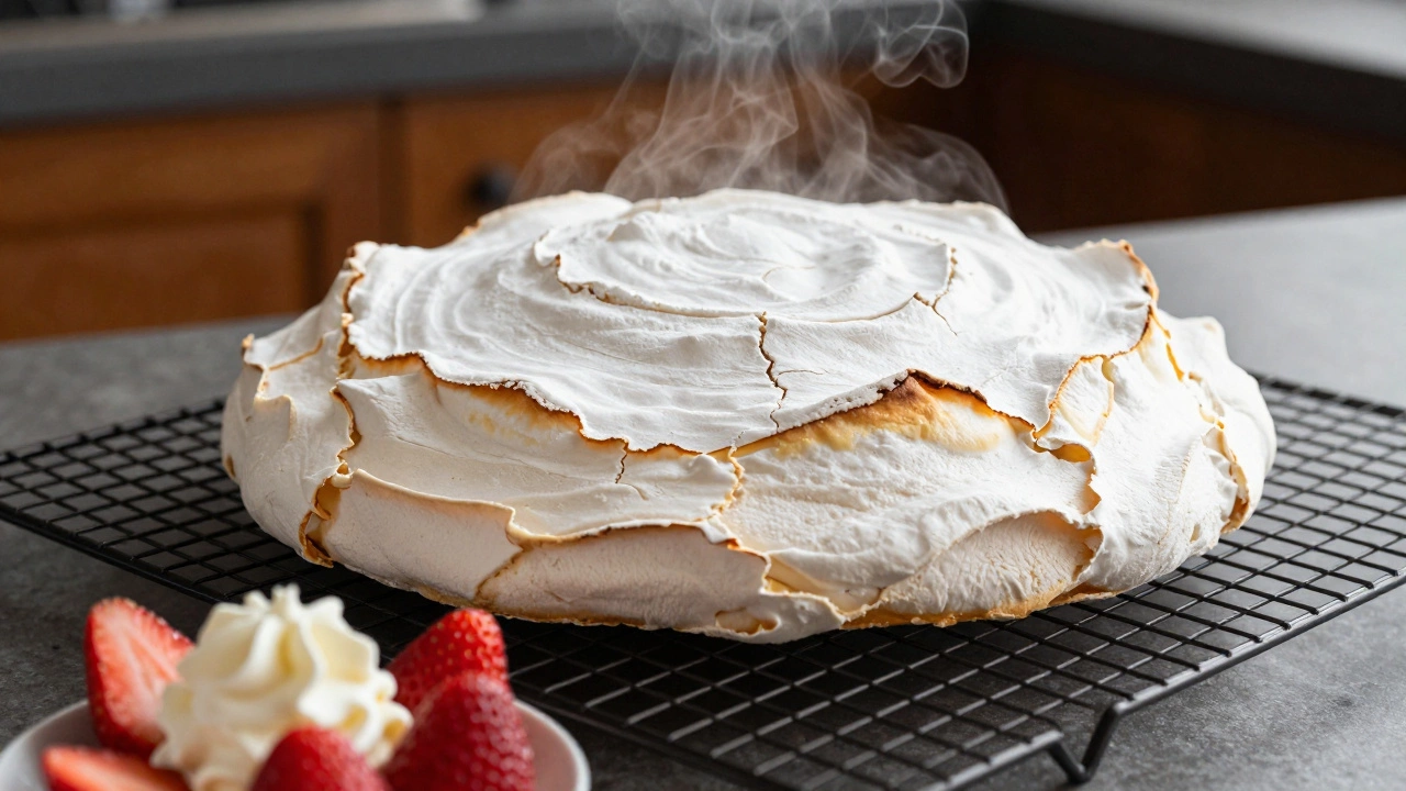 Perfectly baked white pavlova base cooling on a wire rack