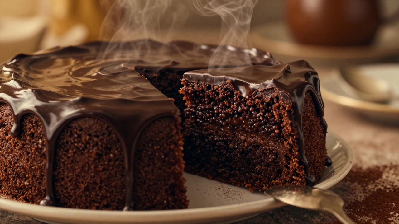 Rich chocolate fudge cake with glossy ganache and a slice removed