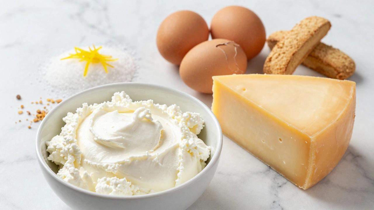 Ricotta and cream cheese bowls with eggs and lemon zest on marble counter