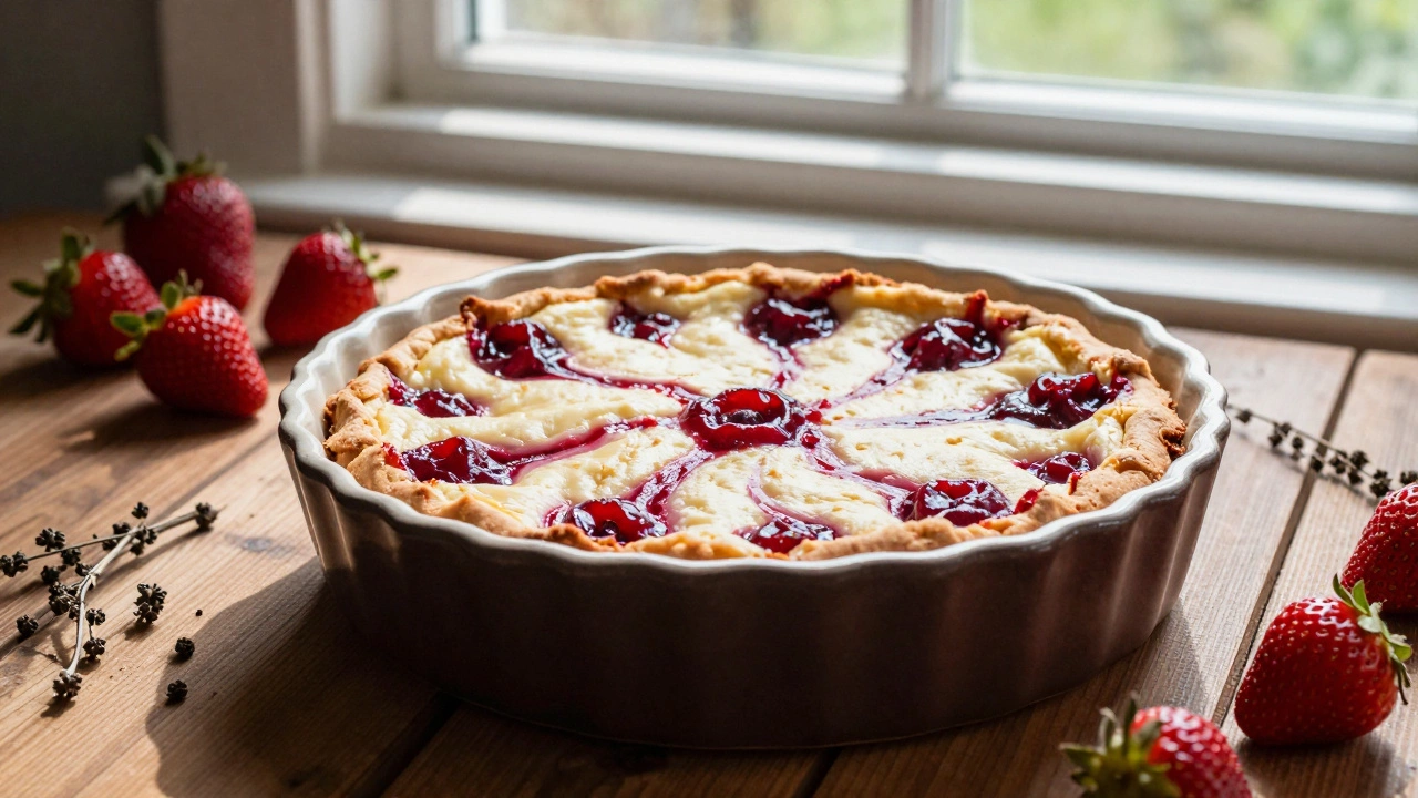 Rustic Pennsylvania cheesecake with cherry filling in a stone dish