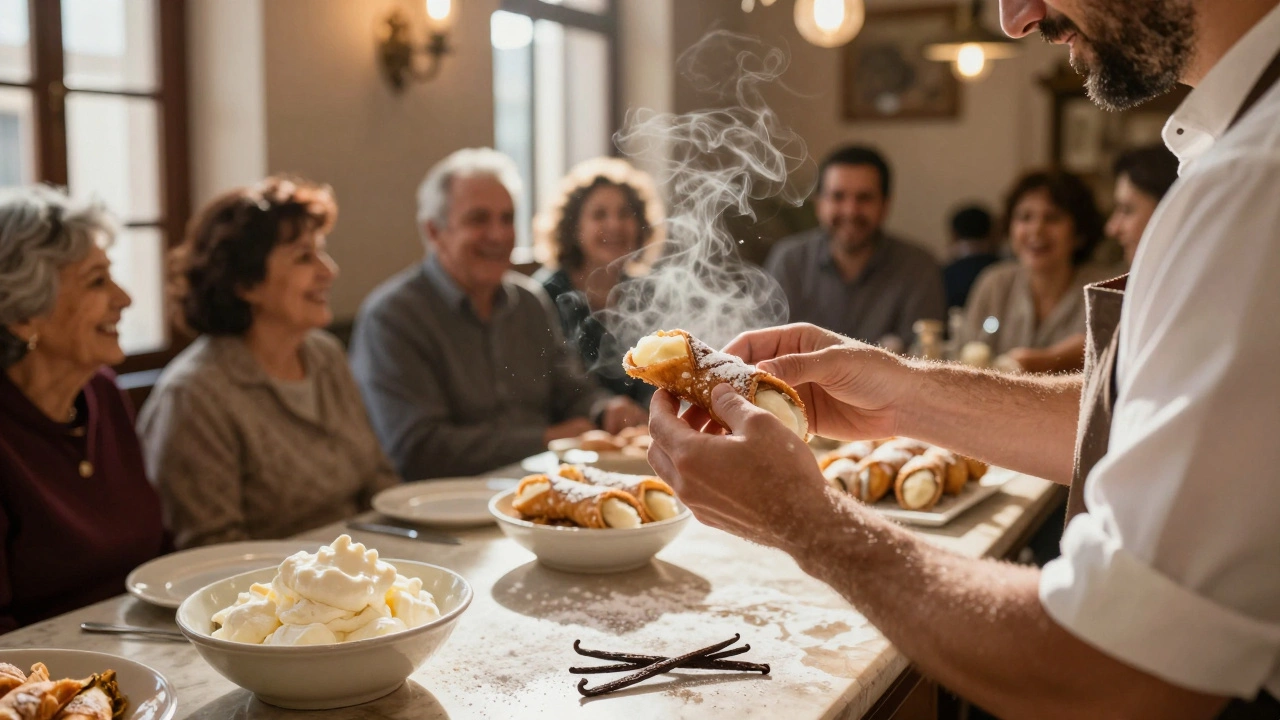 Sicilian family making fresh cannoli together in a sunlit bakery