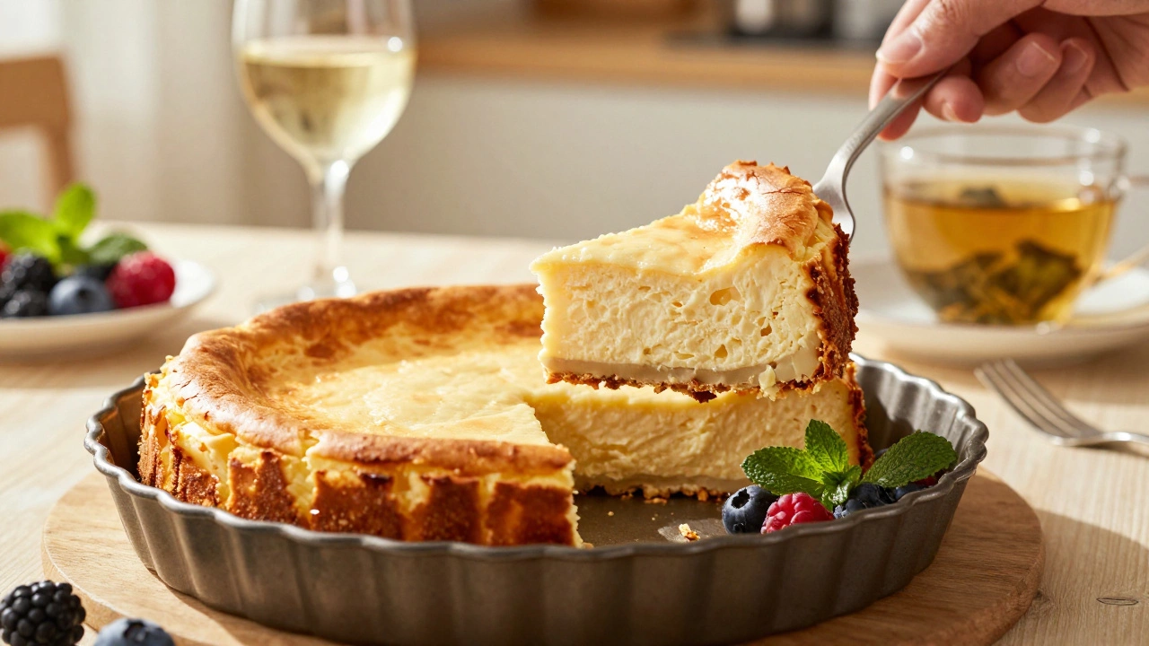 Slice of light Italian ricotta cheesecake served with berries and wine