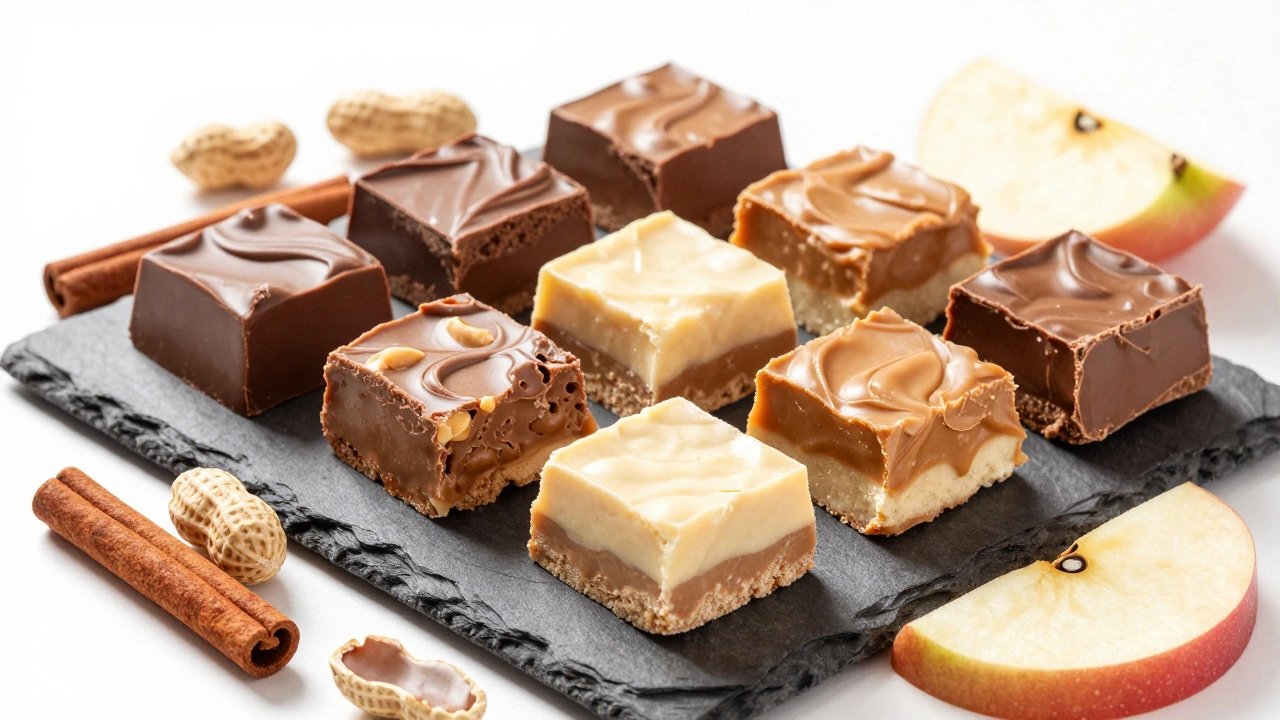 Assorted artisanal fudge squares with fresh ingredients on slate
