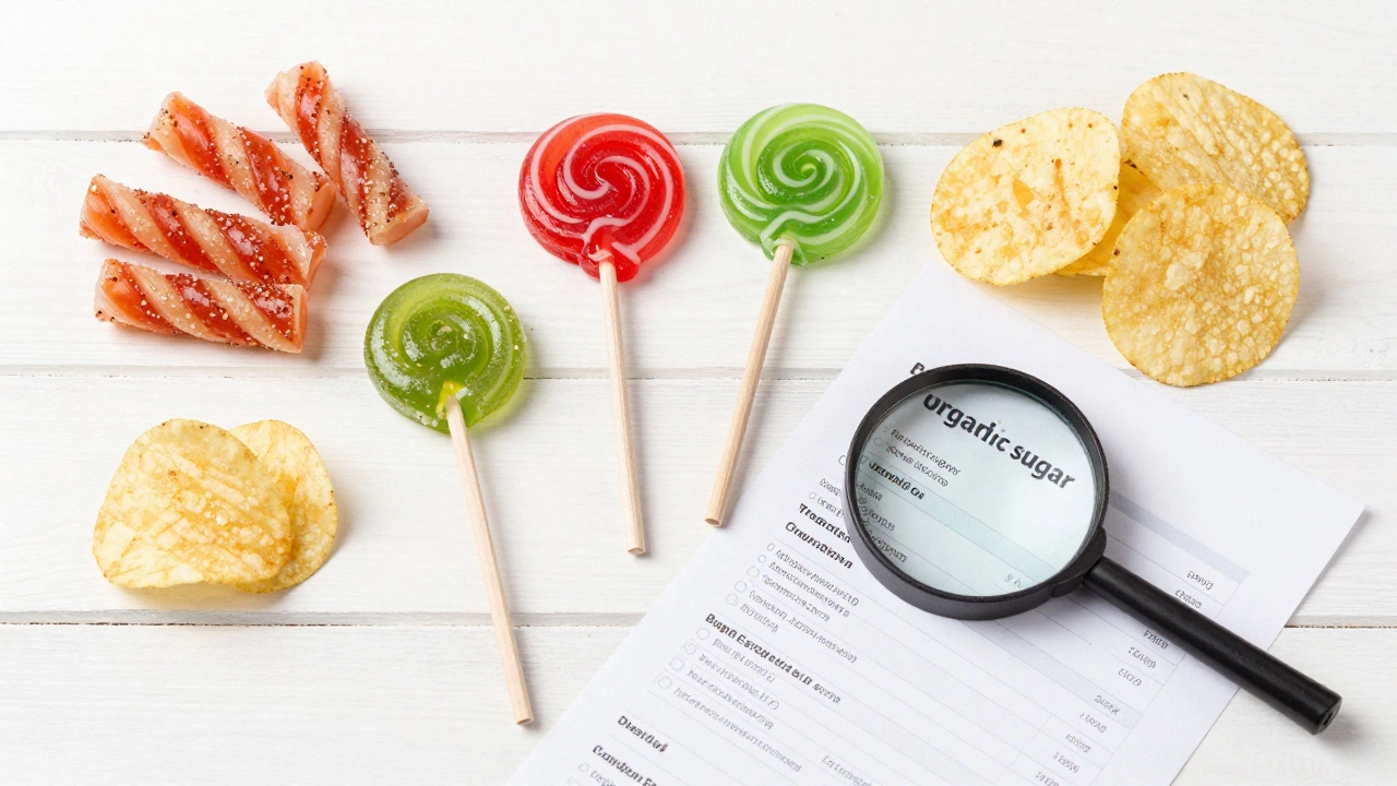 Assortment of vegan sweets and snacks with a magnifying glass