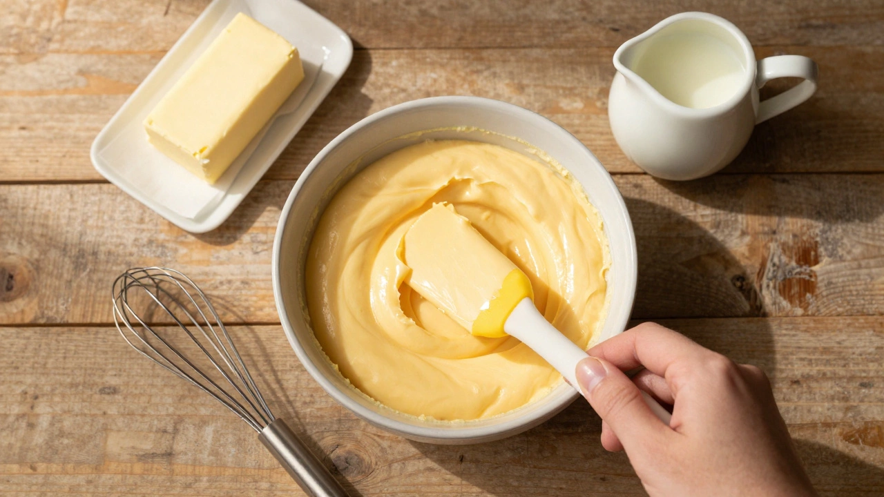 Cheesecake batter being folded with butter and milk ingredients on wood