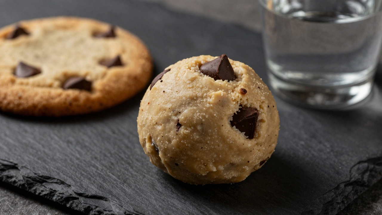 Chilled chocolate chip cookie dough ball next to baked cookie
