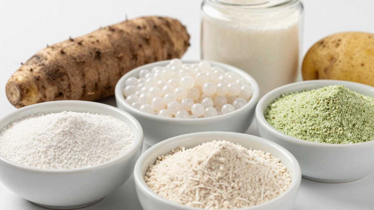 Close-up of potato starch, tapioca, buckwheat, and quinoa flour in ceramic bowls