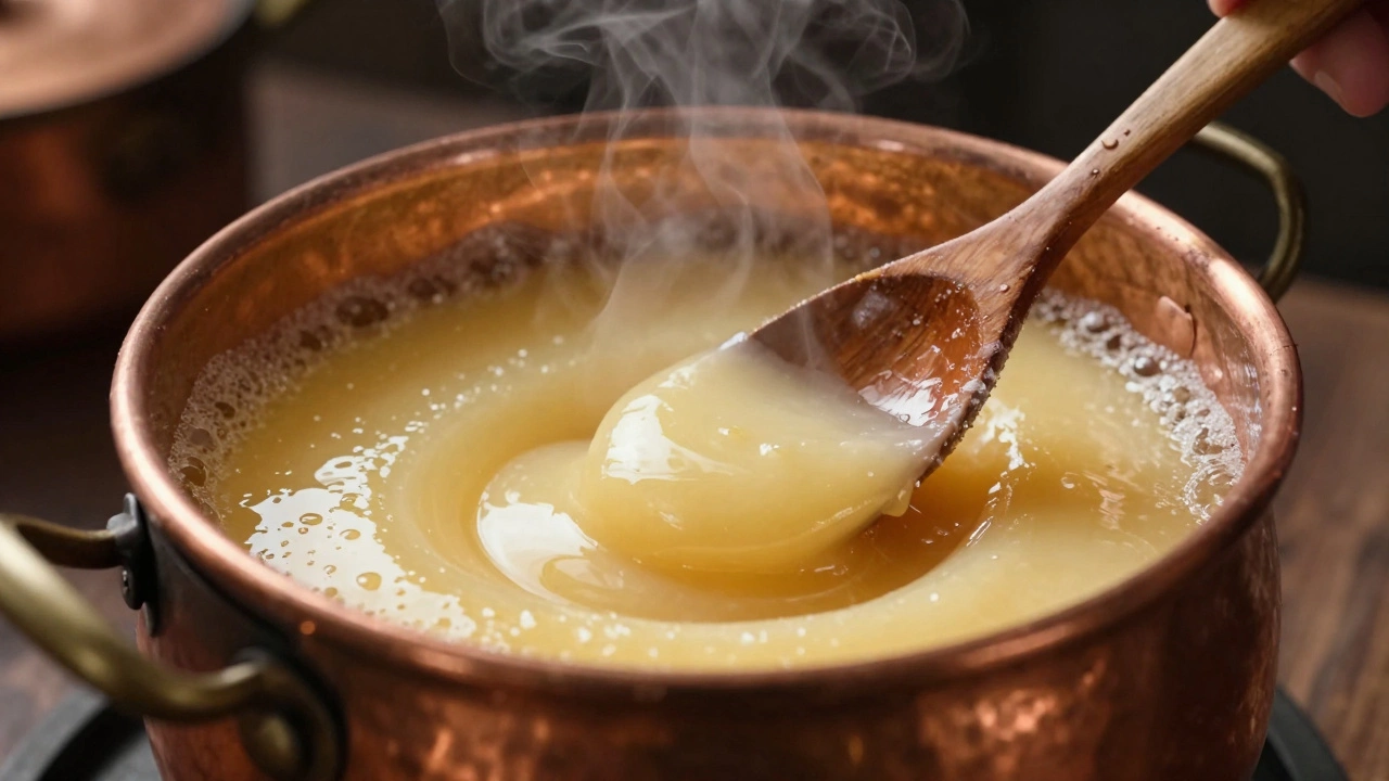 Copper kettle with creamy fudge being stirred in a rustic kitchen