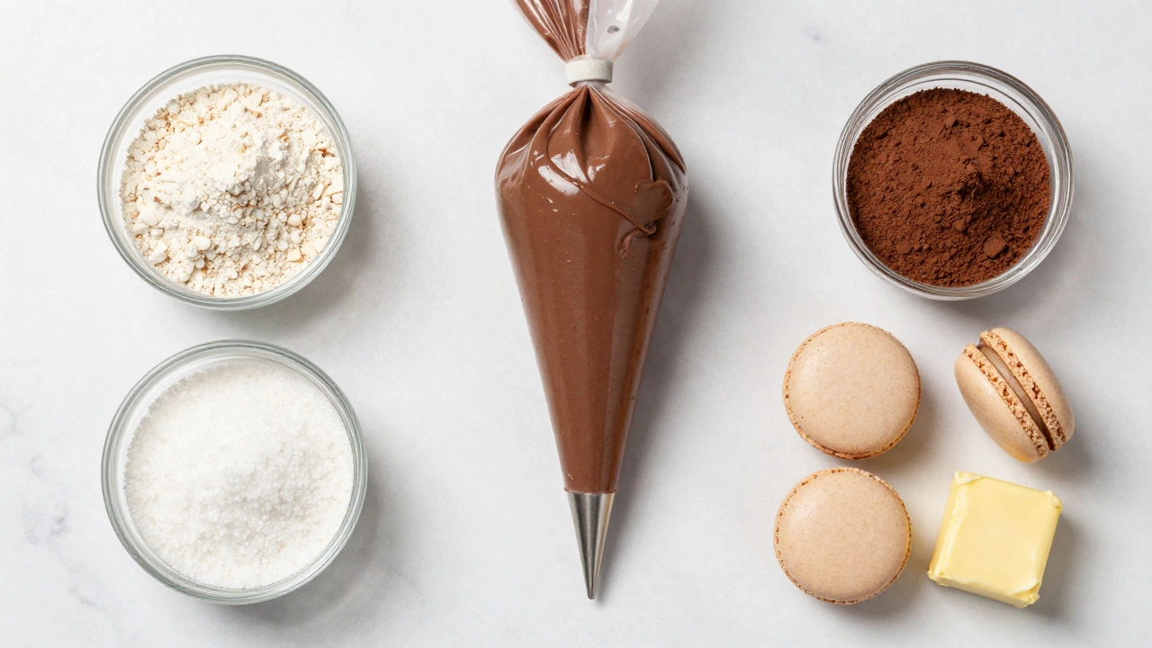 Deconstructed macaron ingredients: almond flour, sugar, and brigadeiro