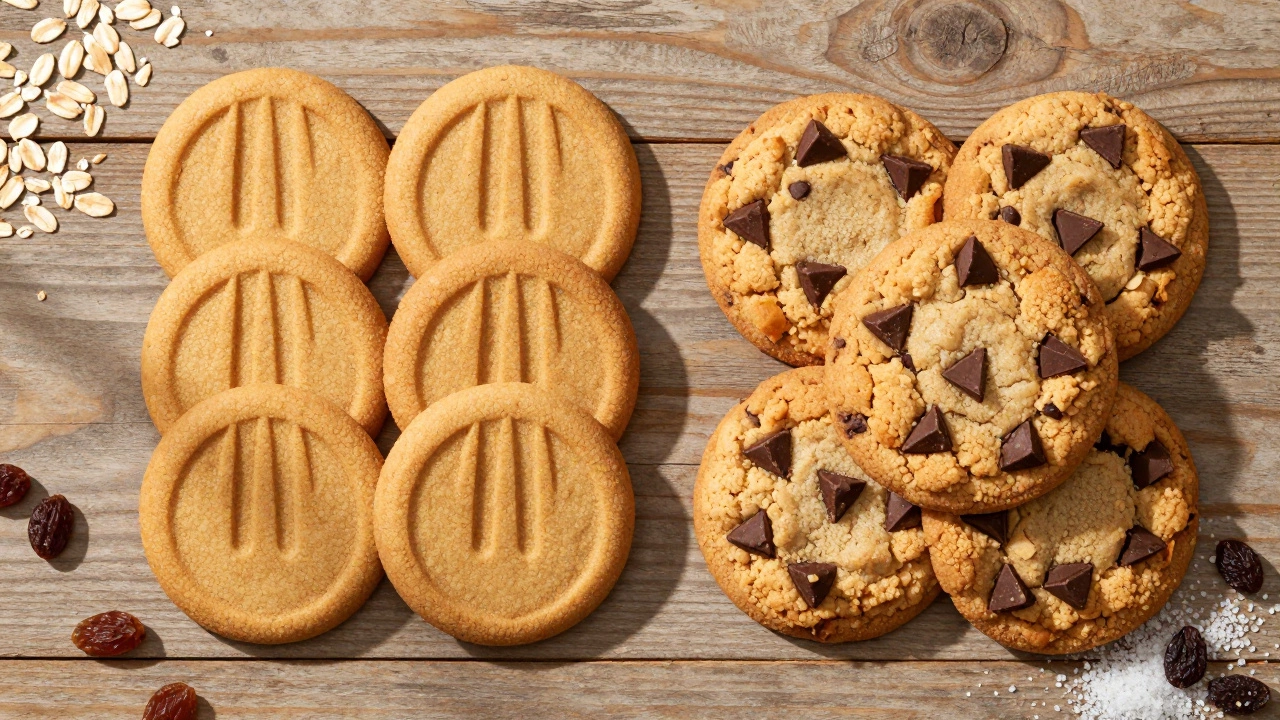 Flattened peanut butter and puffy chocolate chip cookies
