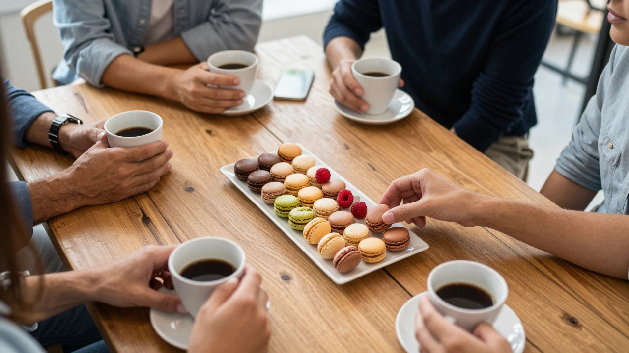 Guests selecting macarons from a platter at an office