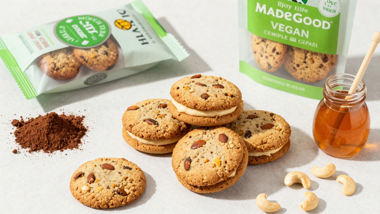 Homemade vegan cookies and certified plant-based alternatives arranged on a table.