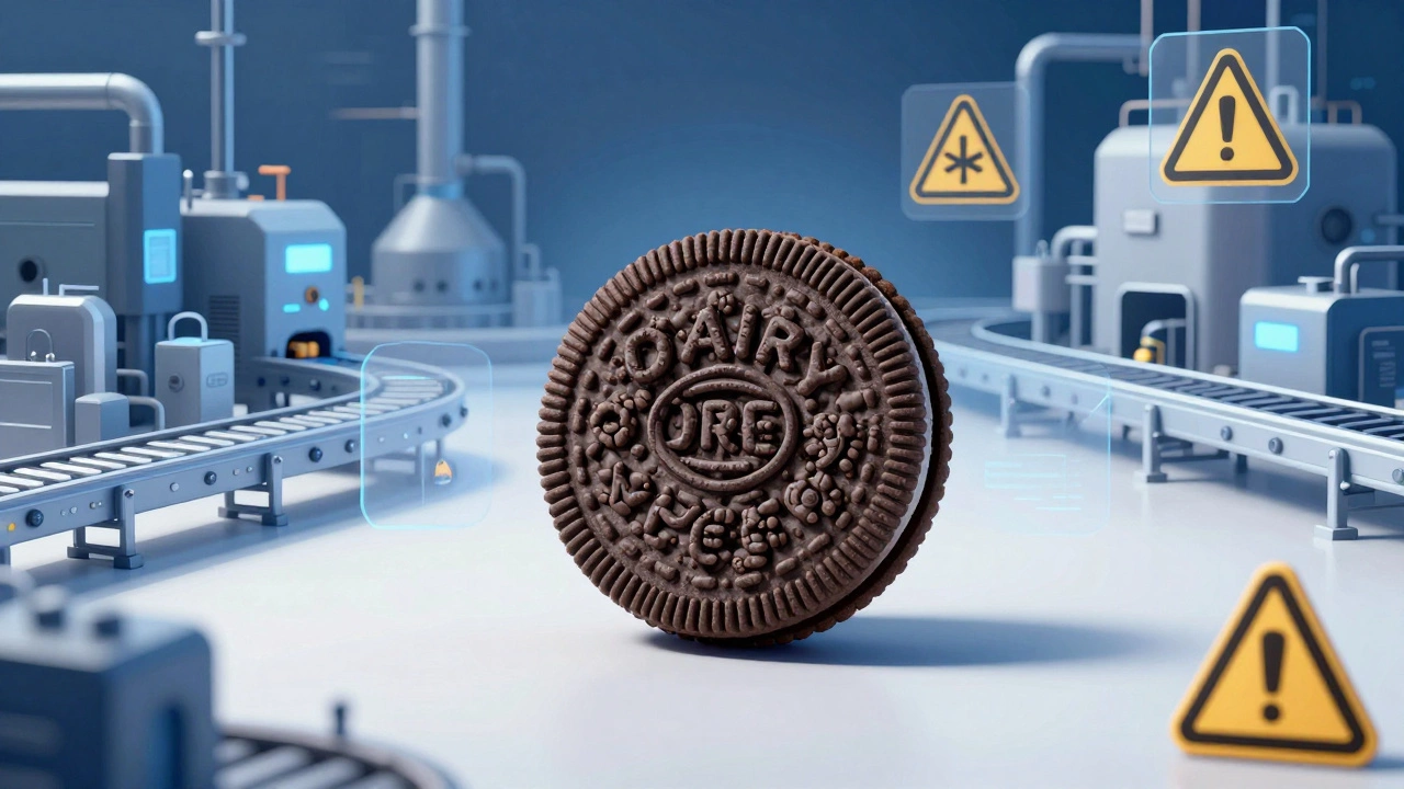 Illustration of an Oreo with factory machinery overlays symbolizing cross-contamination risks.