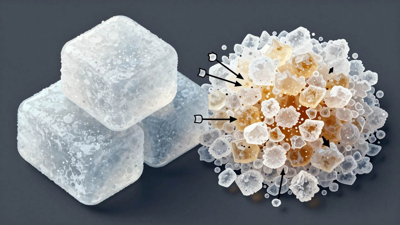 Microscopic comparison of smooth vs grainy sugar crystals in fudge making science.