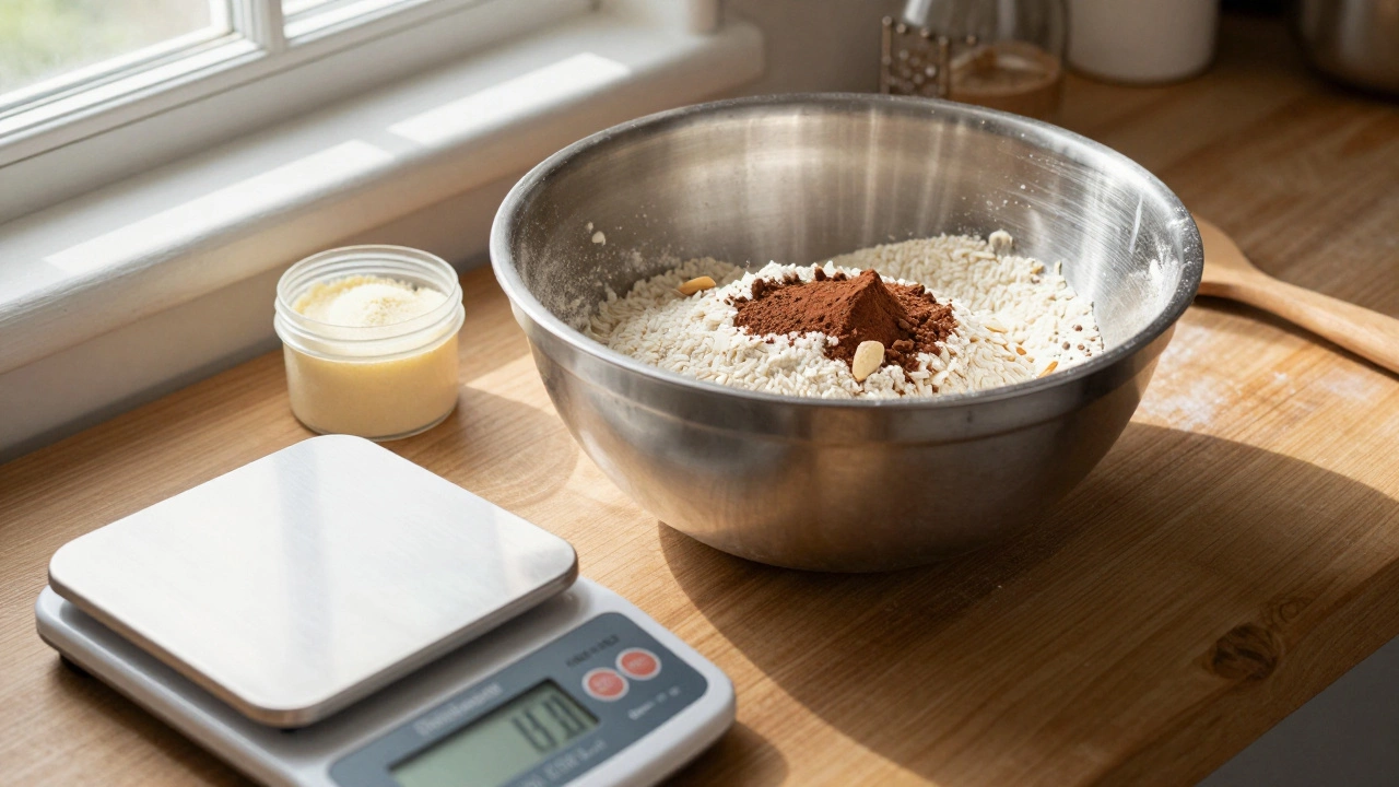 Mixing bowl with blended gluten-free flours next to a digital kitchen scale