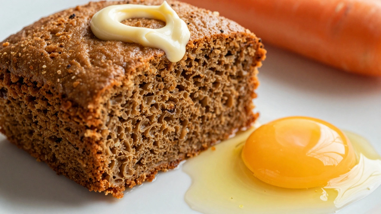 Moist gluten-free carrot cake slice with egg yolk