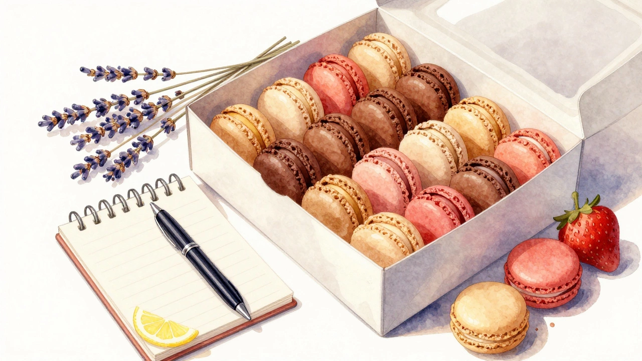 Open box of assorted macarons with planning notepad