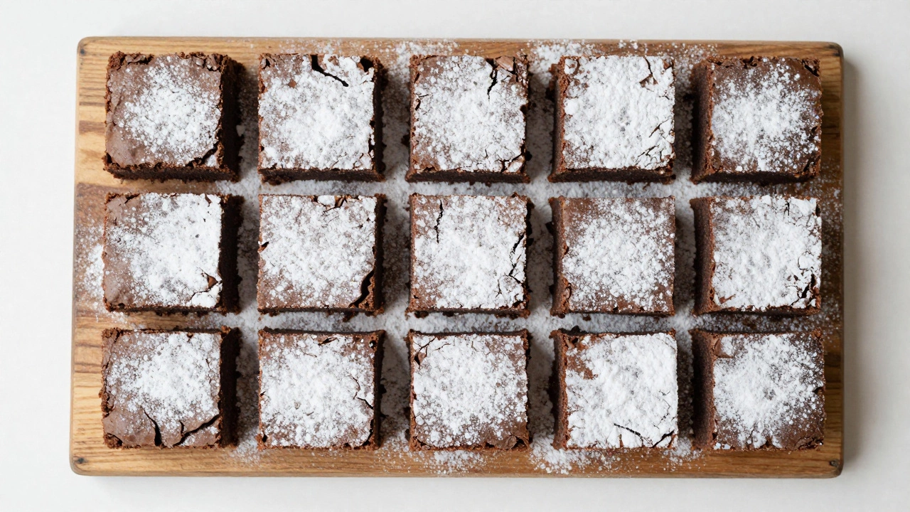 Perfectly cut square brownies dusted with powdered sugar on a wooden board.