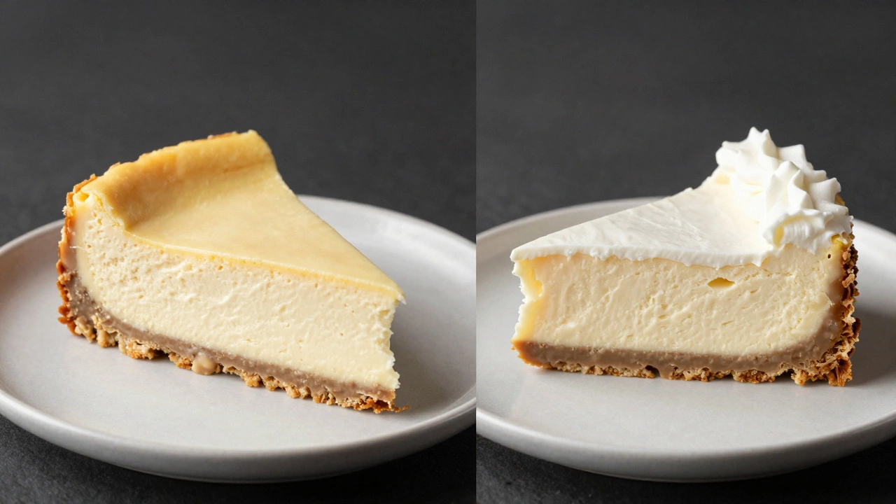 Side-by-side comparison of dense vs fluffy cheesecake slices on plates