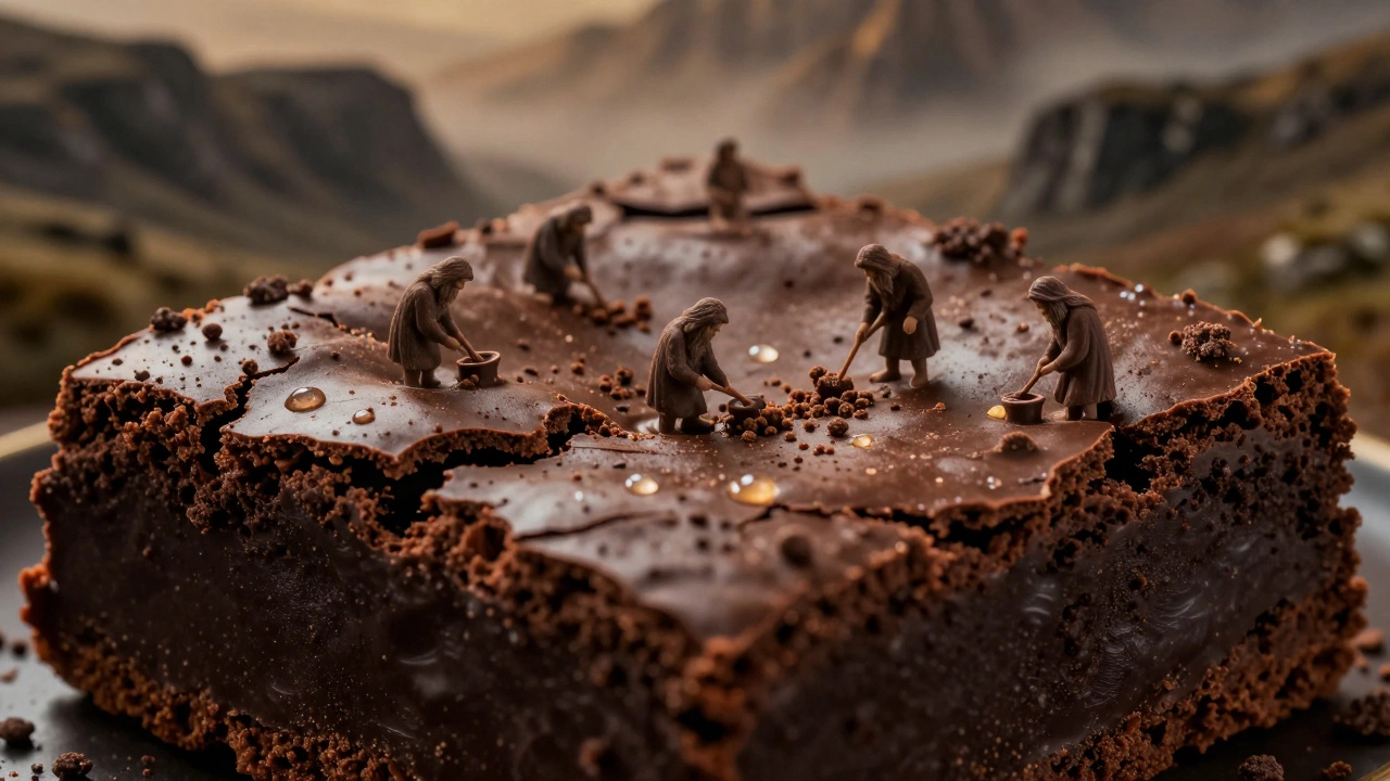 Surreal image of a brownie transforming into a Scottish landscape