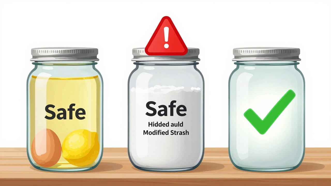 Three jars illustrating safe vs unsafe mayo choices