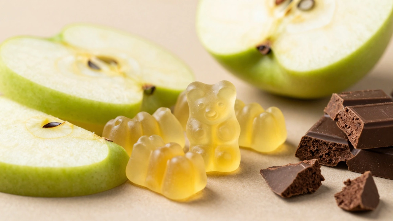 Vegan gummy bears and dark chocolate displayed with fresh fruits