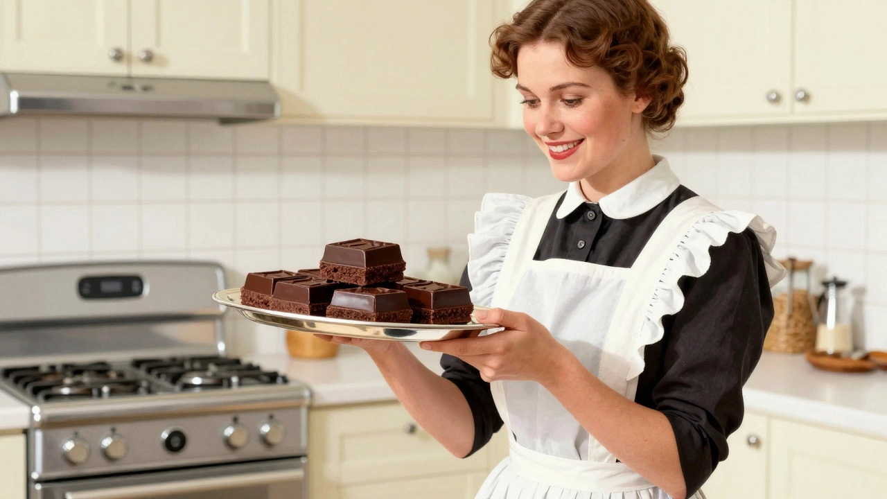 Vintage illustration of a woman serving chocolate brownie squares