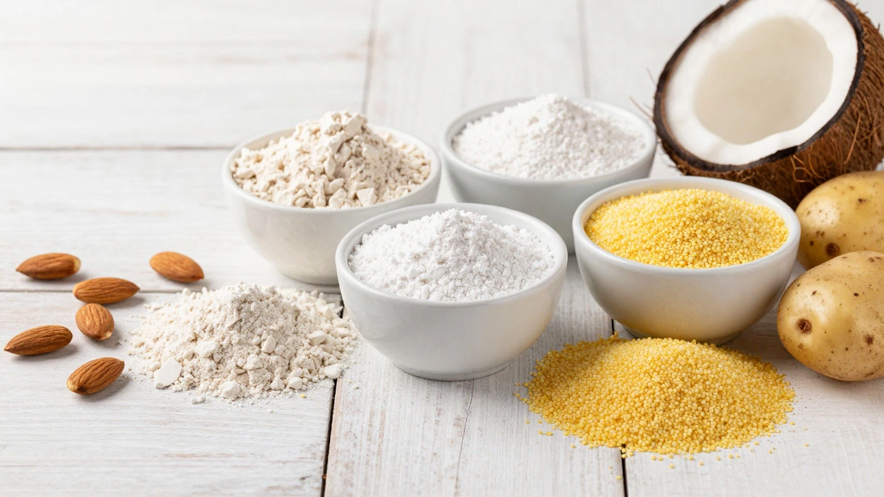 Artistic arrangement of almond, coconut, potato, and corn flours for gluten-free baking.