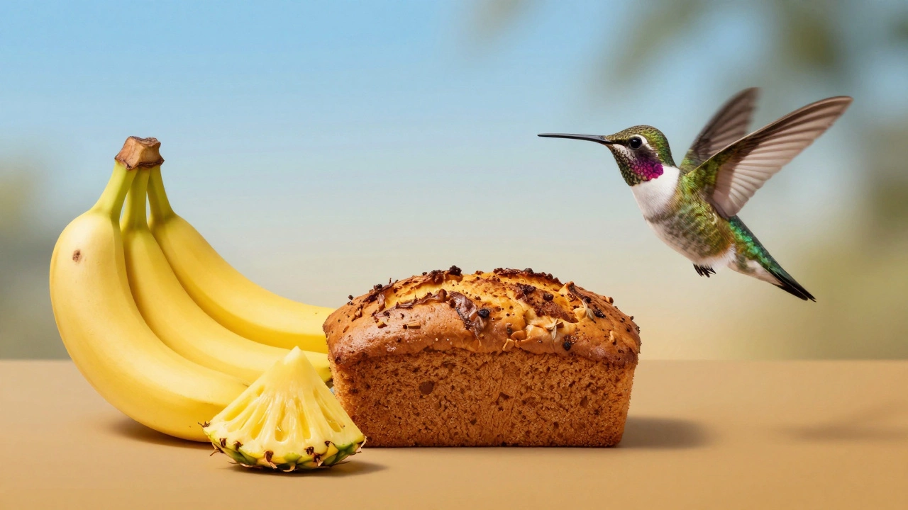 Artistic composition linking tropical fruits to a hovering hummingbird